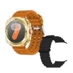   Inteligentné hodinky A25 Ultra so zlatým rámom - oranžovým a čiernym silikónovým remienkom