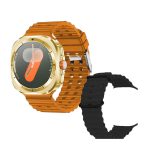   Inteligentné hodinky A25 Ultra so zlatým rámom - oranžovým a čiernym silikónovým remienkom