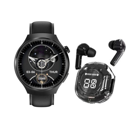 D21 black smartwatch set- Smartwatch, bezdrôtové slúchadlá, silikónový a kožený remienok